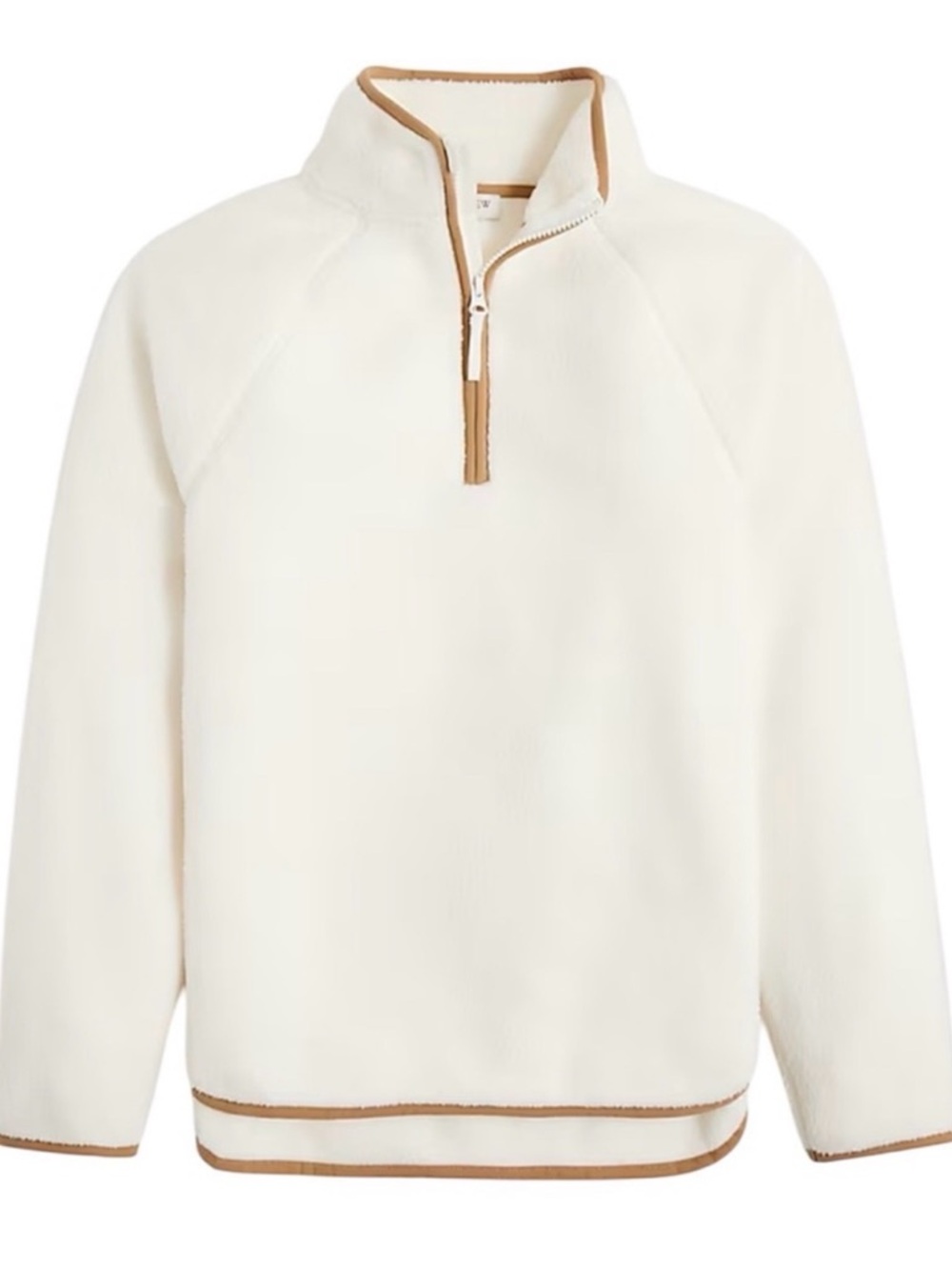 J. Crew Women's Cream Zip-Up Fleece Pullover with Tan Trim